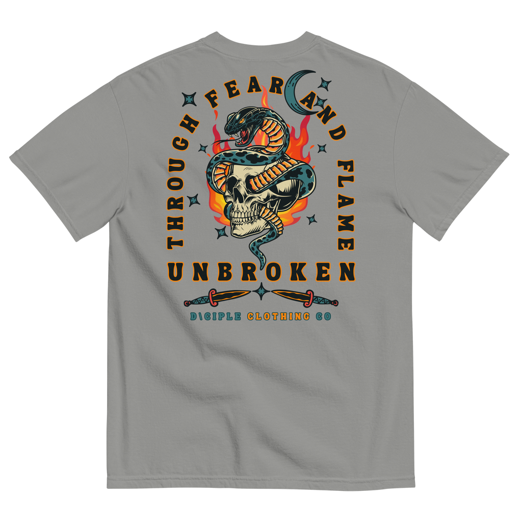 Vintage style skull and snake graphic with flames and dagger details, “Through Fear and Flame Unbroken” t-shirt by Dciple Clothing Co