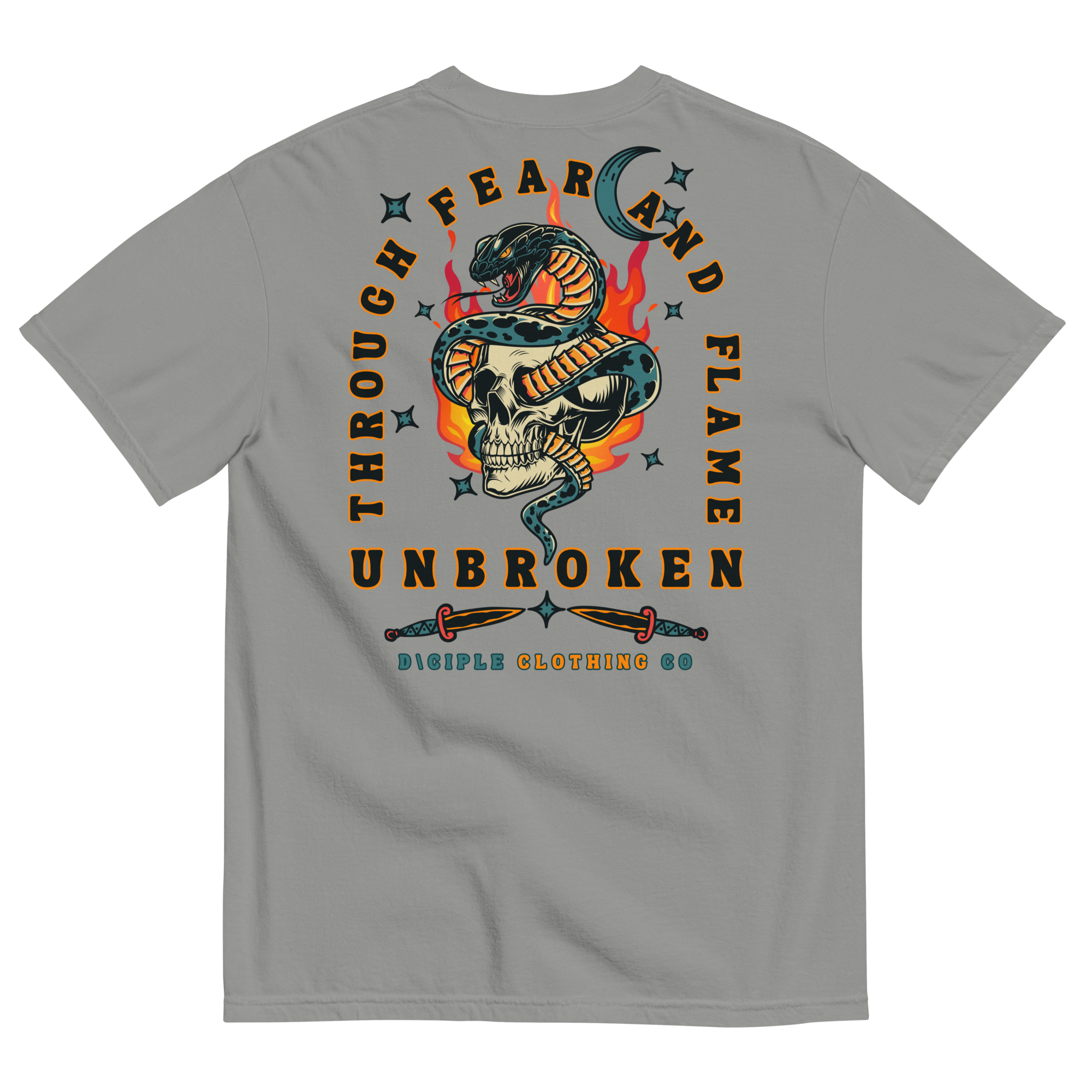 Vintage style skull and snake graphic with flames and dagger details, “Through Fear and Flame Unbroken” t-shirt by Dciple Clothing Co