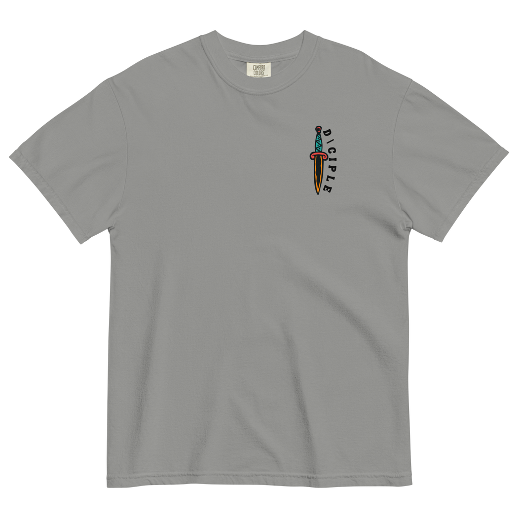 Vintage style skull and snake graphic with flames and dagger details, “Through Fear and Flame Unbroken” t-shirt by Dciple Clothing Co
