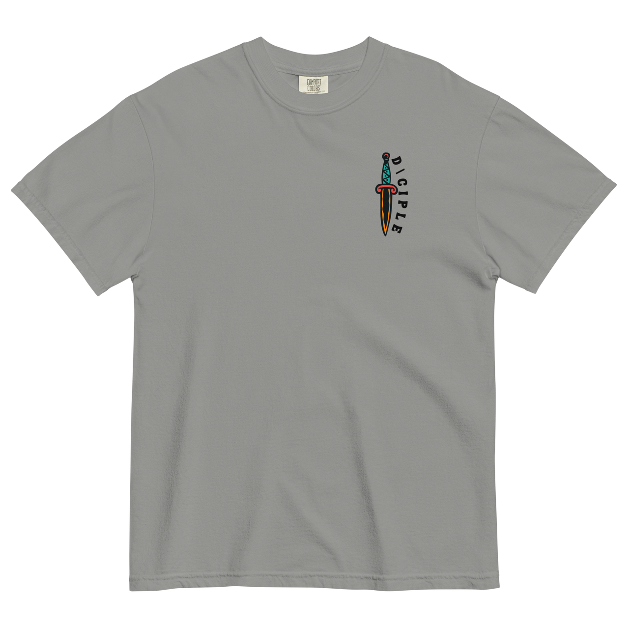 Vintage style skull and snake graphic with flames and dagger details, “Through Fear and Flame Unbroken” t-shirt by Dciple Clothing Co