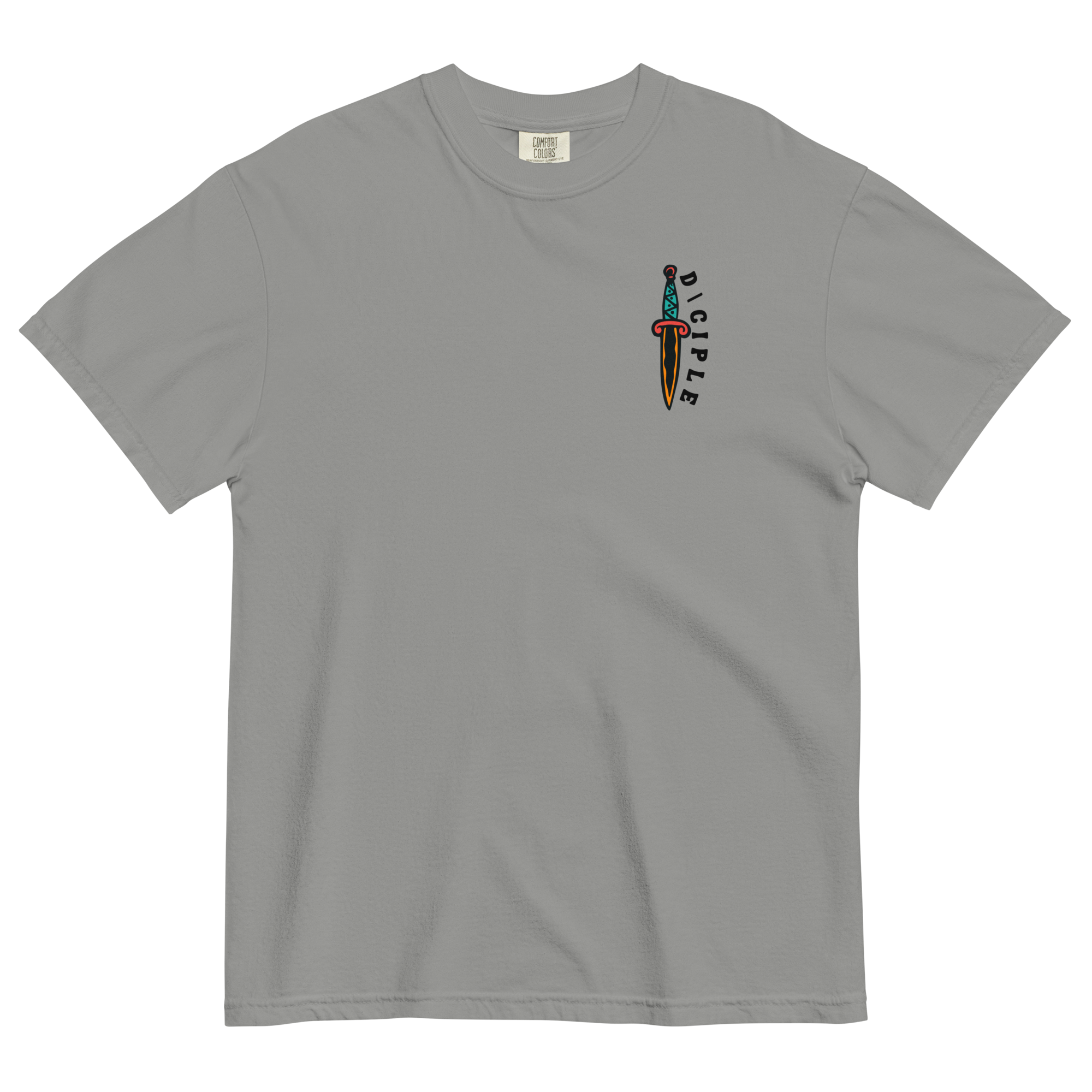 Vintage style skull and snake graphic with flames and dagger details, “Through Fear and Flame Unbroken” t-shirt by Dciple Clothing Co