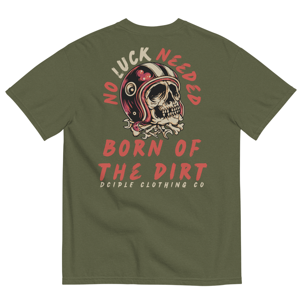 Black Born of the Dirt graphic T-shirt featuring a vintage motocross helmet skull illustration with retro typography on the back