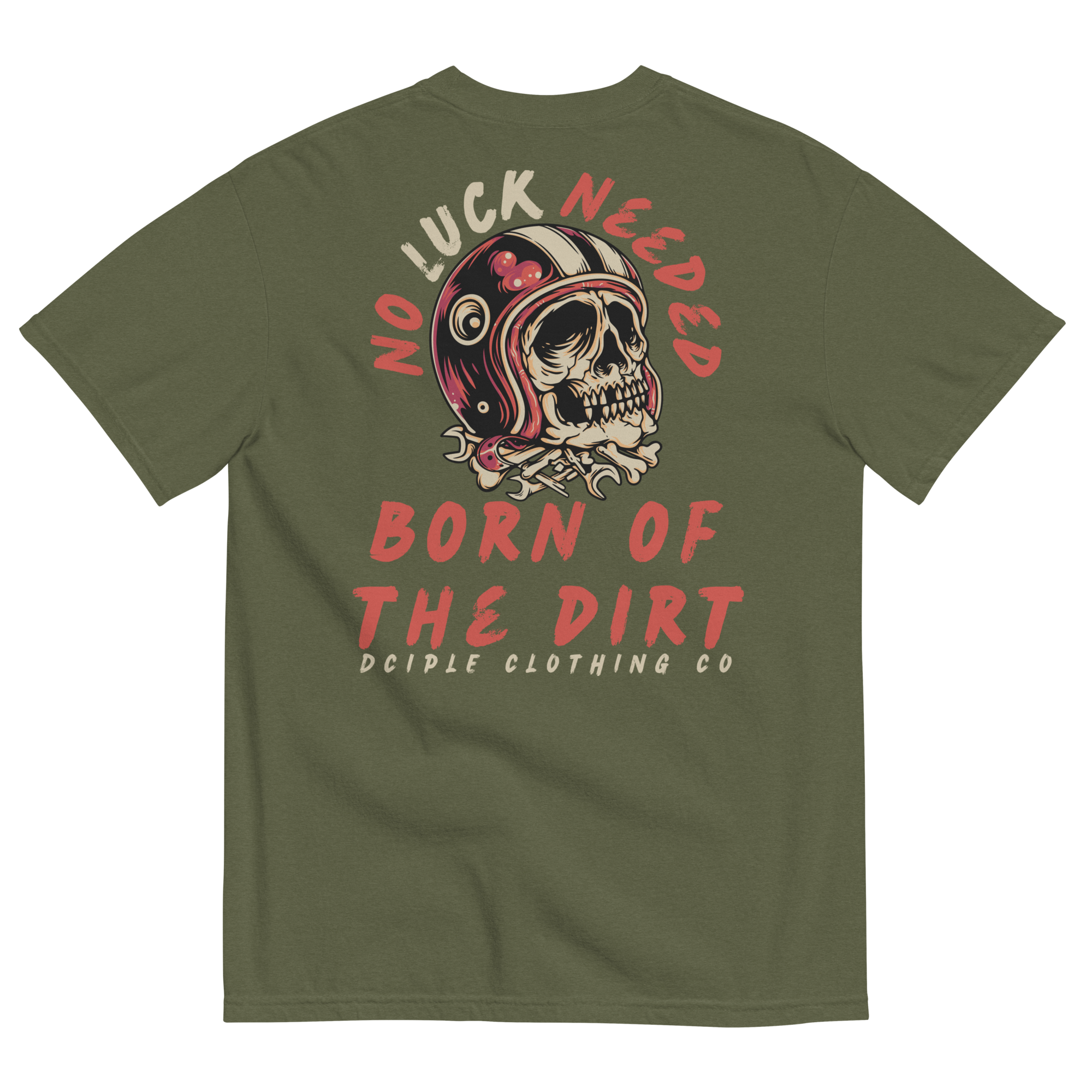 Black Born of the Dirt graphic T-shirt featuring a vintage motocross helmet skull illustration with retro typography on the back