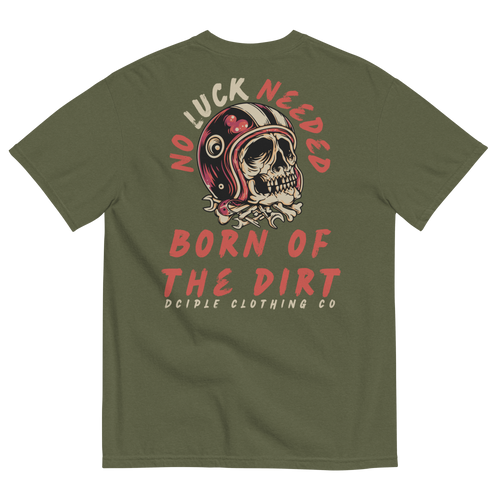 Black Born of the Dirt graphic T-shirt featuring a vintage motocross helmet skull illustration with retro typography on the back
