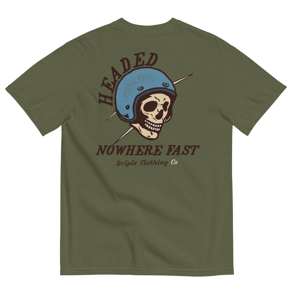 Headed Nowhere Fast vintage motorcycle skull graphic on a Comfort Colors T-shirt by Dciple Clothing Co