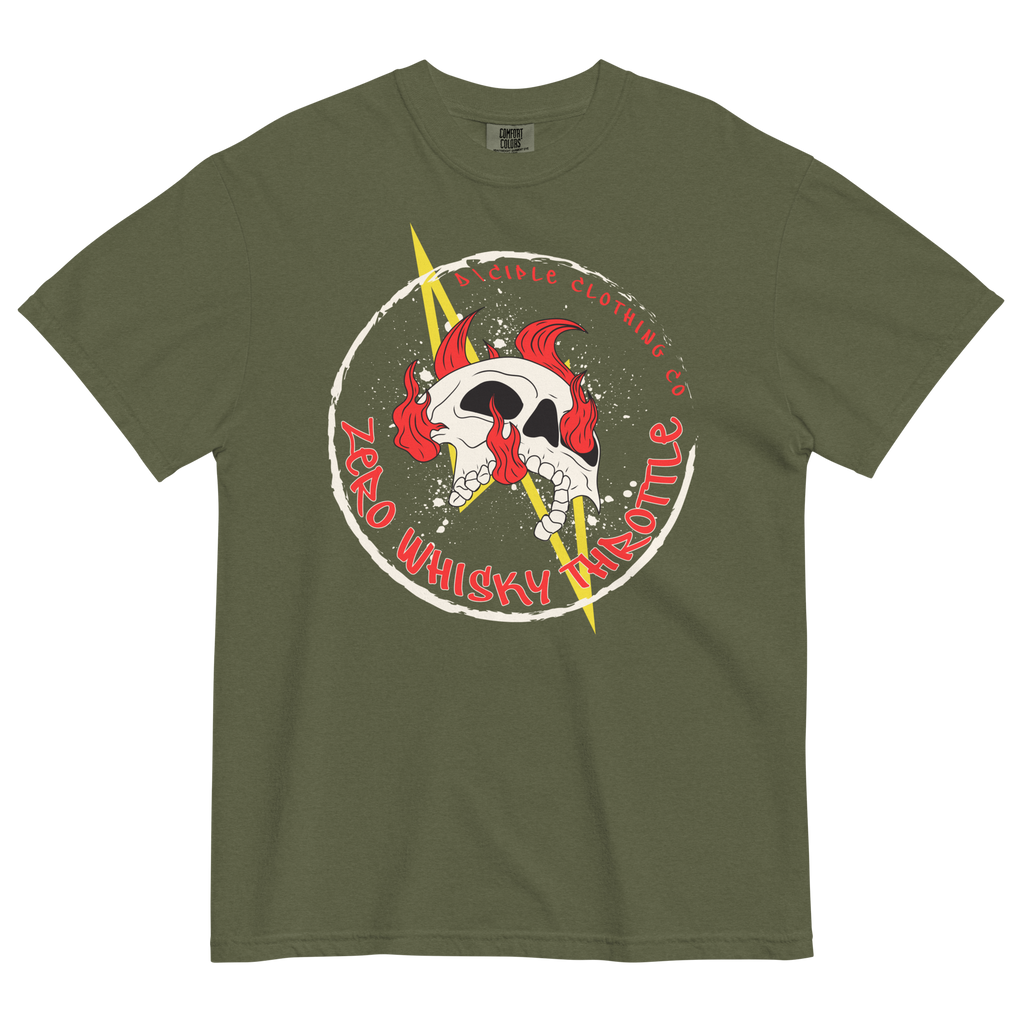 Zero Whisky Throttle T-Shirt by D\CIPLE Clothing Co featuring flaming skull and lightning bolt graphic on green shirt
