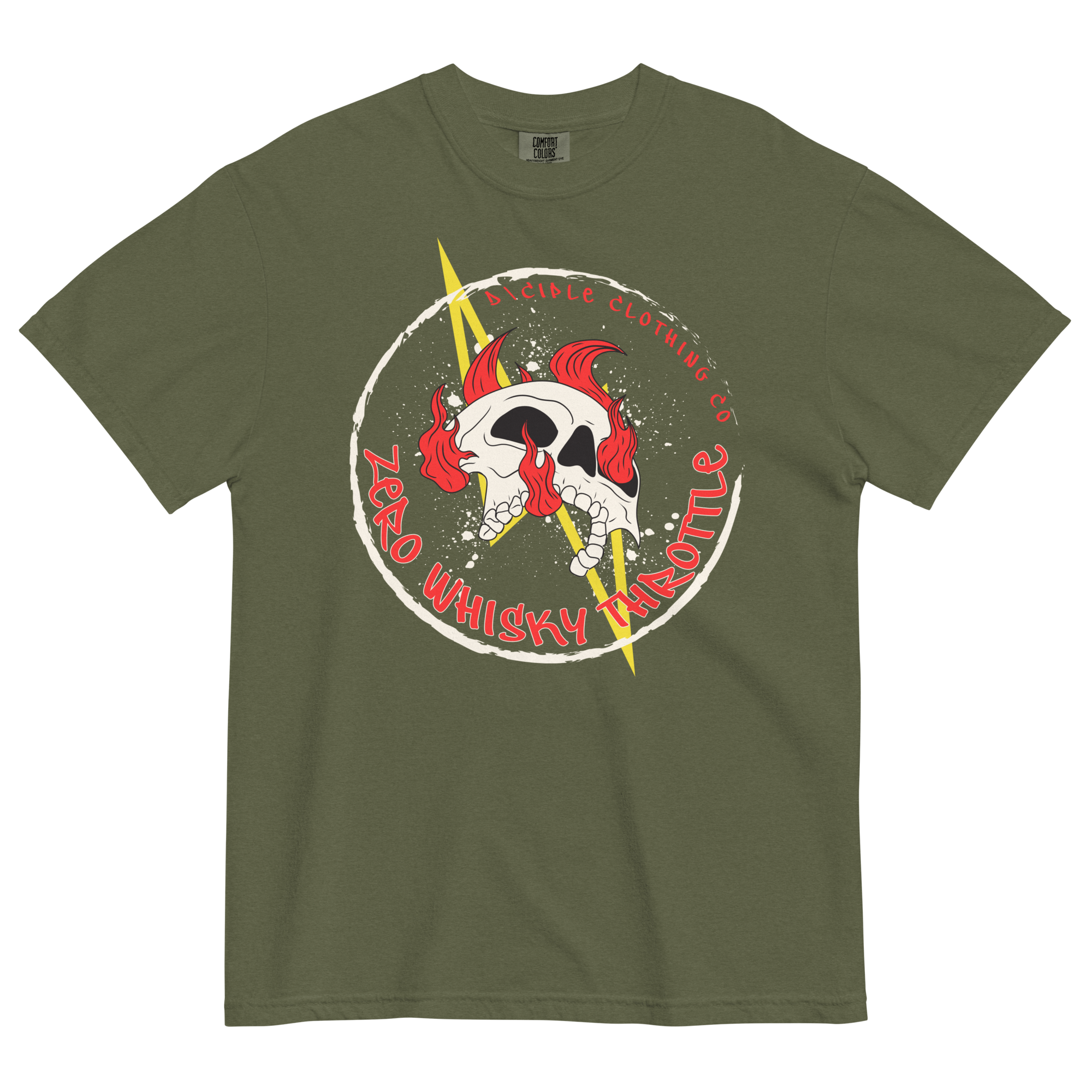 Zero Whisky Throttle T-Shirt by D\CIPLE Clothing Co featuring flaming skull and lightning bolt graphic on green shirt