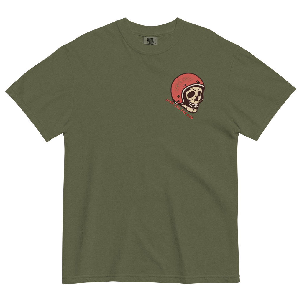 Black Born of the Dirt graphic T-shirt featuring a vintage motocross helmet skull illustration with retro typography on the back