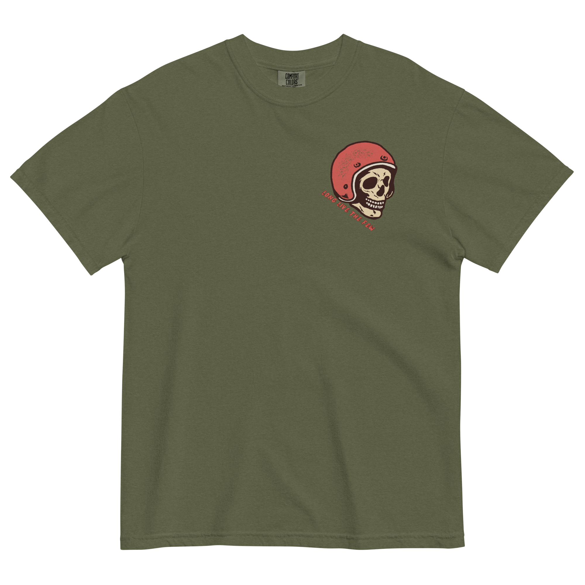 Black Born of the Dirt graphic T-shirt featuring a vintage motocross helmet skull illustration with retro typography on the back