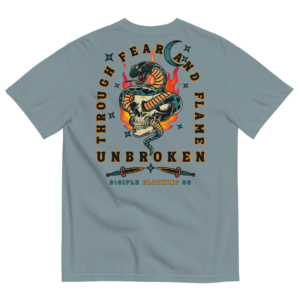 Vintage style skull and snake graphic with flames and dagger details, “Through Fear and Flame Unbroken” t-shirt by Dciple Clothing Co