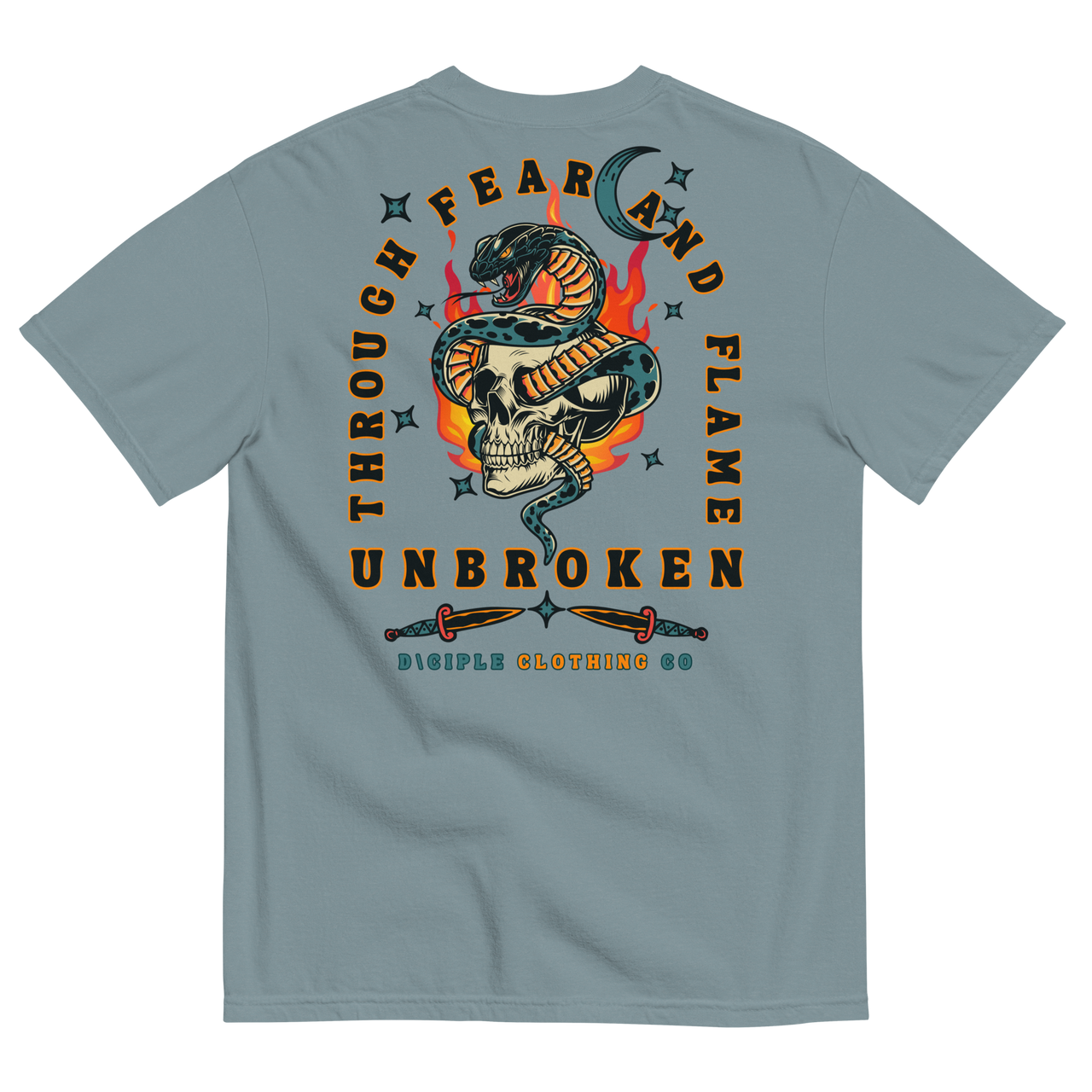 Vintage style skull and snake graphic with flames and dagger details, “Through Fear and Flame Unbroken” t-shirt by Dciple Clothing Co