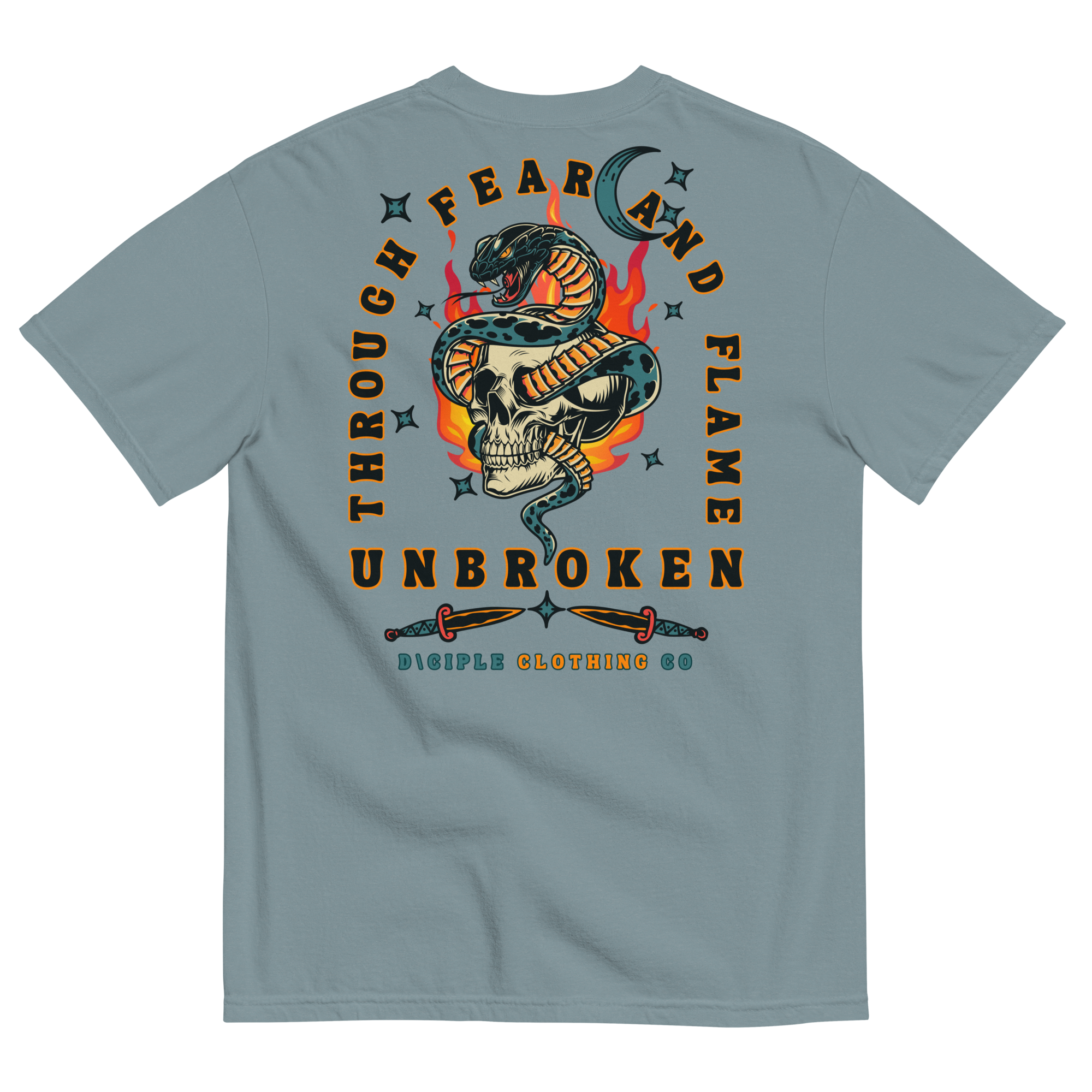 Vintage style skull and snake graphic with flames and dagger details, “Through Fear and Flame Unbroken” t-shirt by Dciple Clothing Co