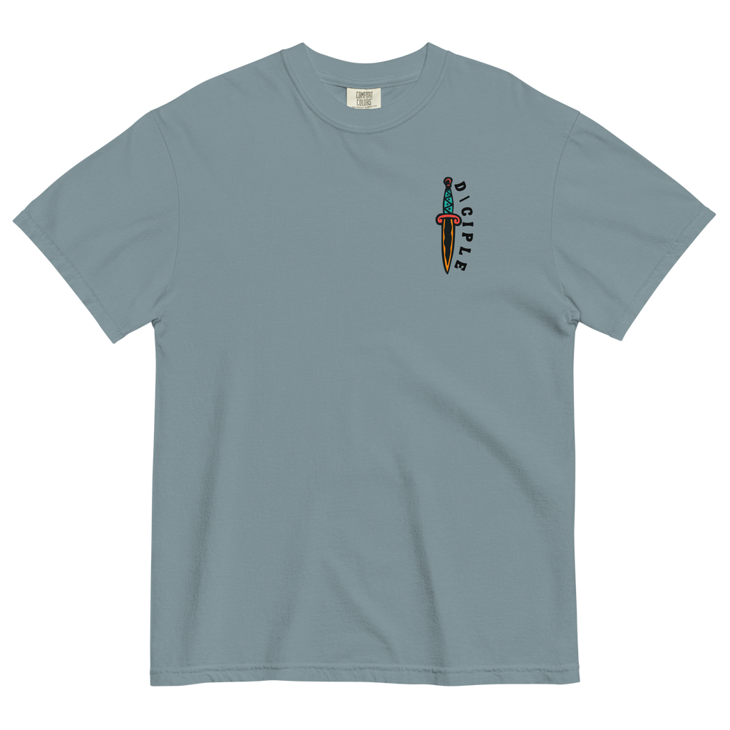 Vintage style skull and snake graphic with flames and dagger details, “Through Fear and Flame Unbroken” t-shirt by Dciple Clothing Co