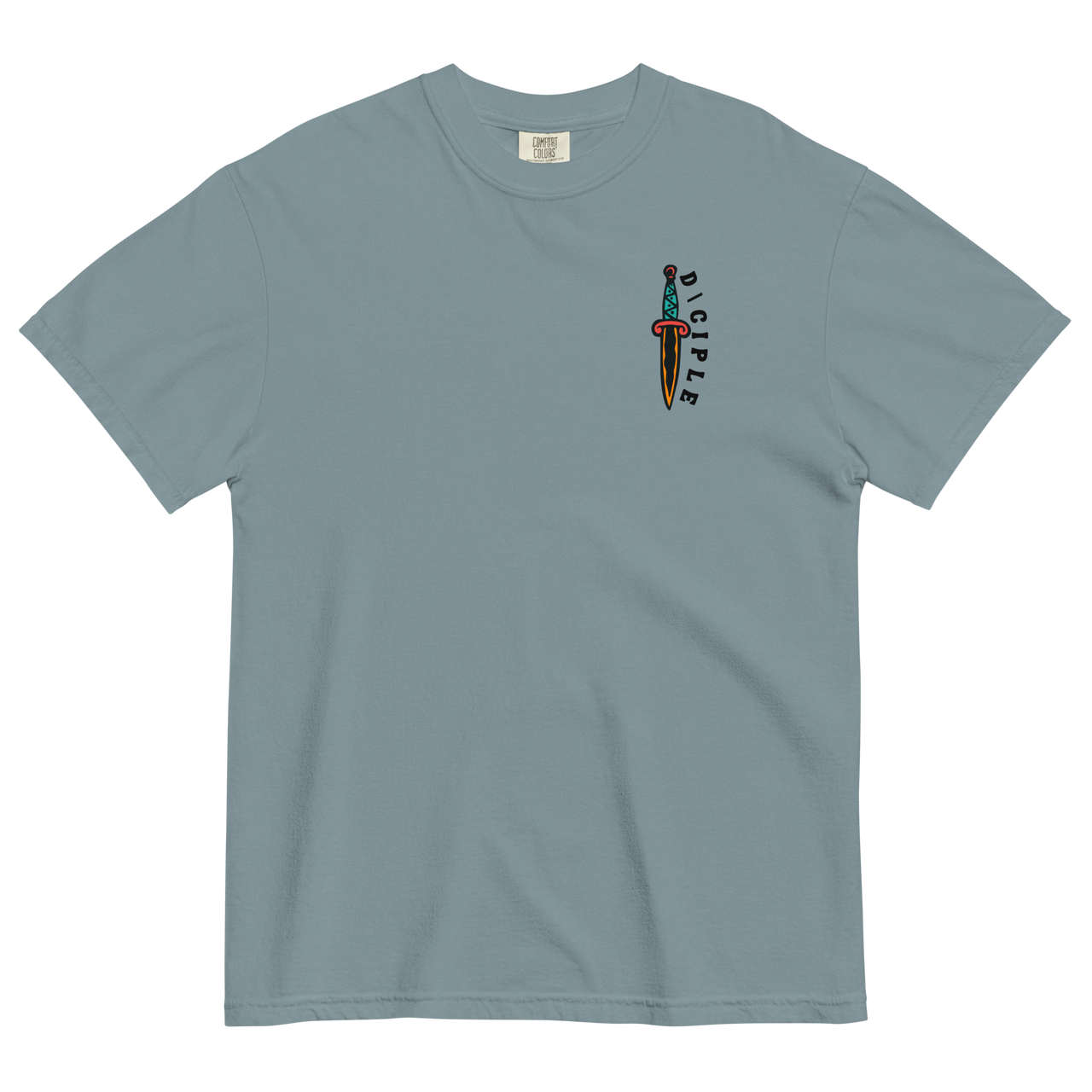 Vintage style skull and snake graphic with flames and dagger details, “Through Fear and Flame Unbroken” t-shirt by Dciple Clothing Co