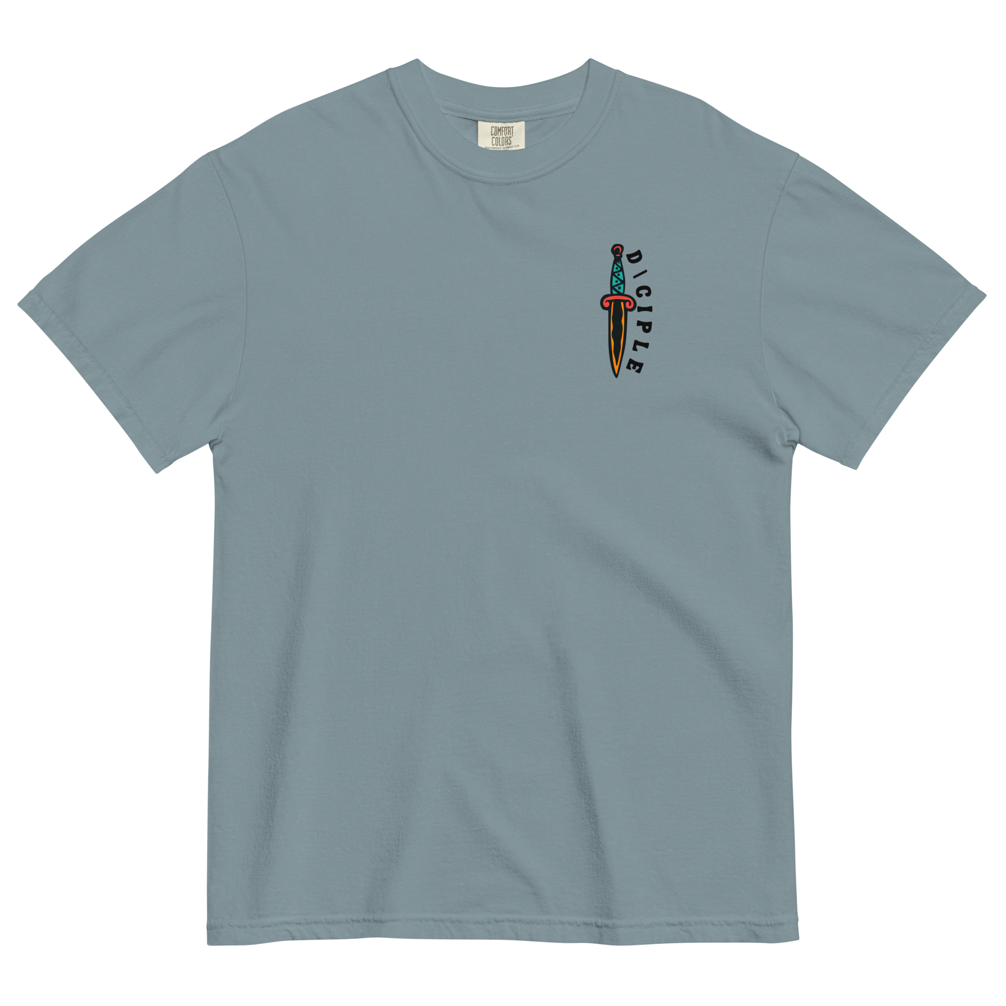 Vintage style skull and snake graphic with flames and dagger details, “Through Fear and Flame Unbroken” t-shirt by Dciple Clothing Co