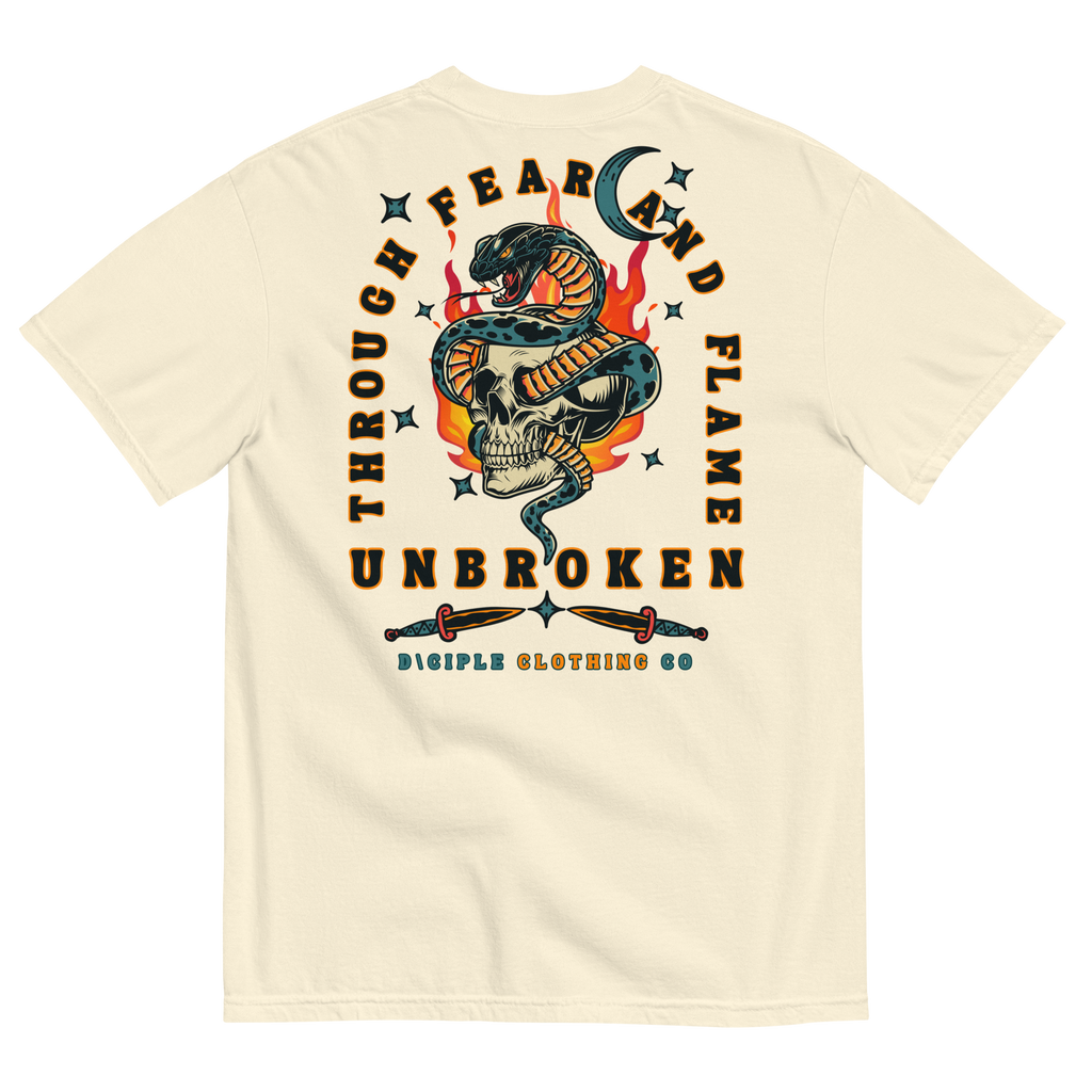 Vintage style skull and snake graphic with flames and dagger details, “Through Fear and Flame Unbroken” t-shirt by Dciple Clothing Co
