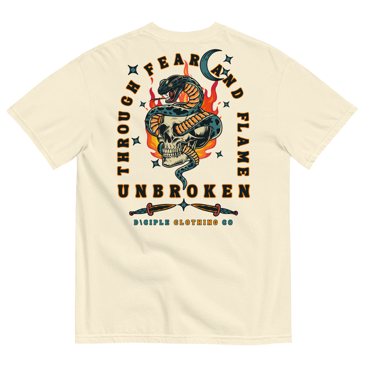 Vintage style skull and snake graphic with flames and dagger details, “Through Fear and Flame Unbroken” t-shirt by Dciple Clothing Co