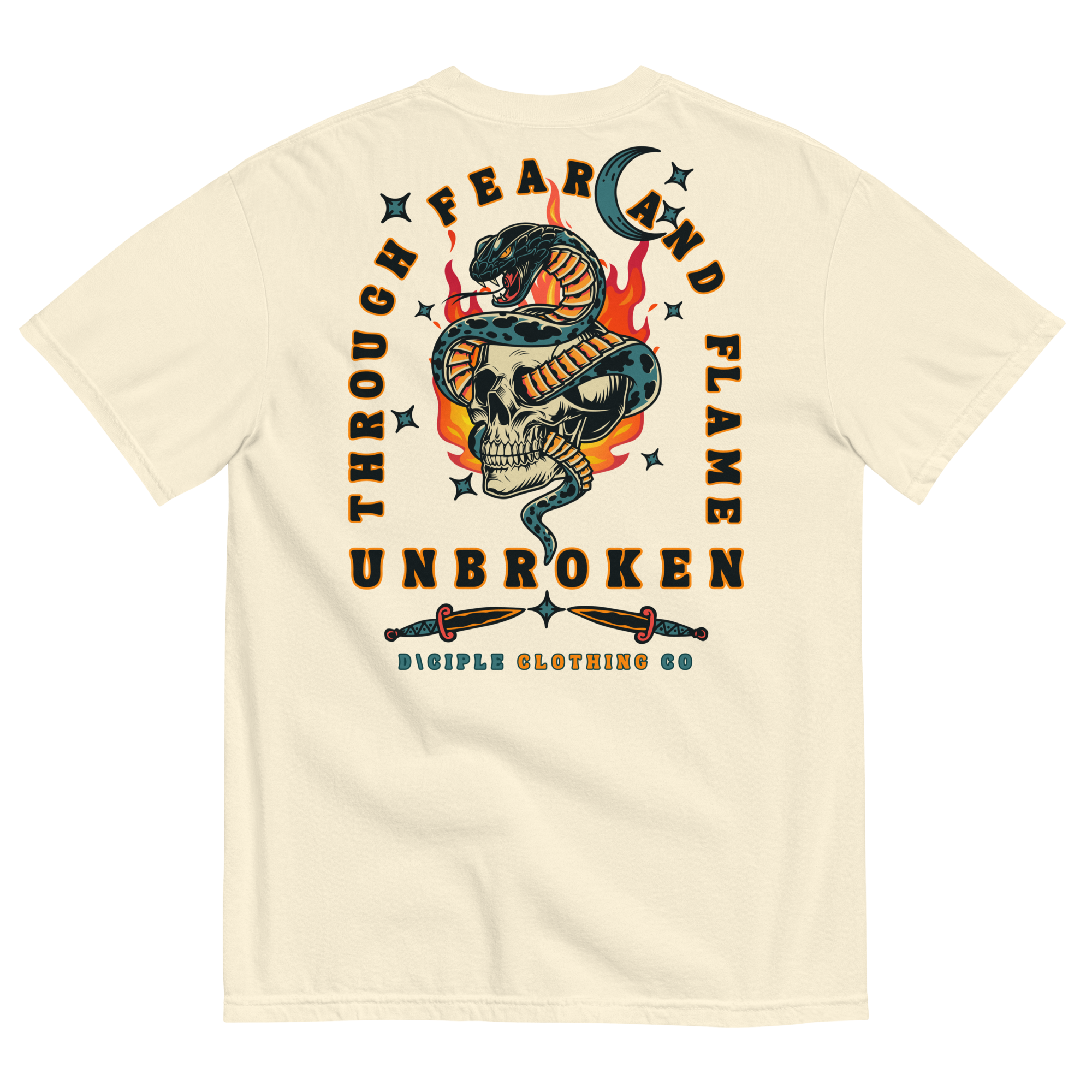 Vintage style skull and snake graphic with flames and dagger details, “Through Fear and Flame Unbroken” t-shirt by Dciple Clothing Co