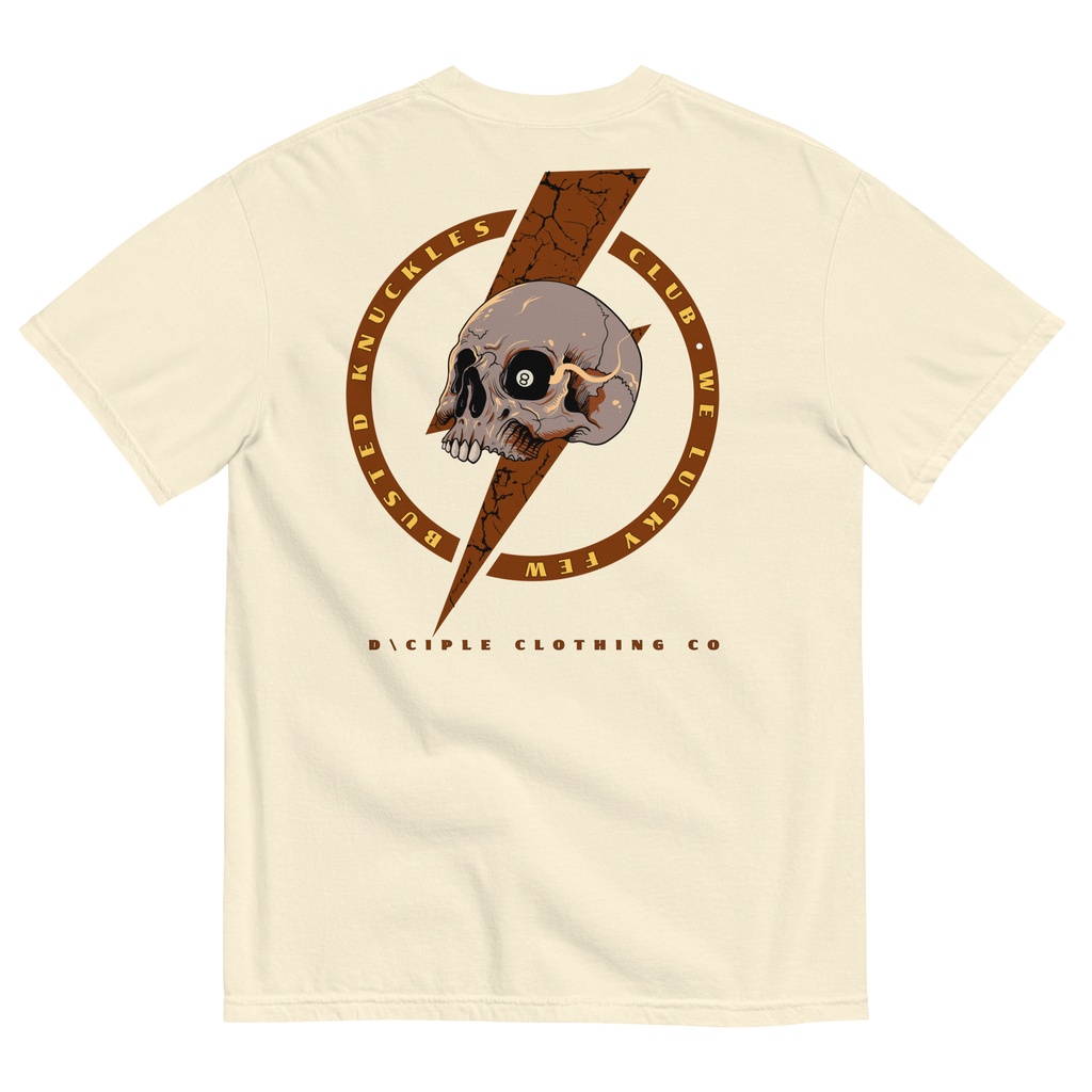 Busted Knuckles Club skull and lightning bolt graphic t-shirt by Dciple Clothing Co on bone color shirt