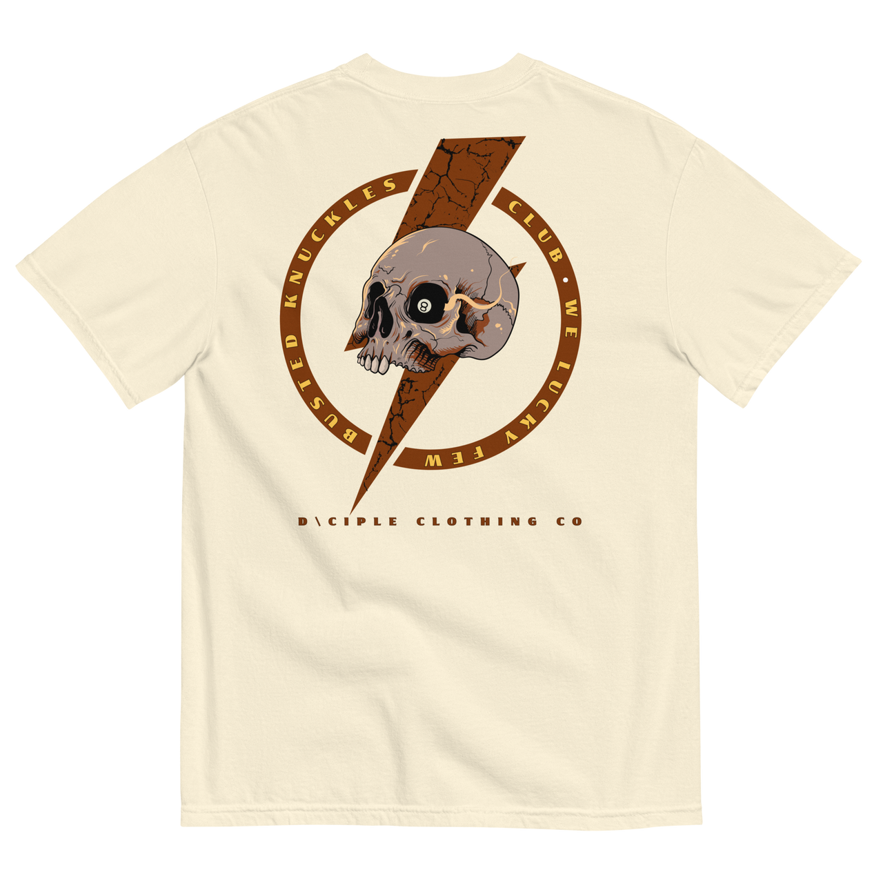 Busted Knuckles Club skull and lightning bolt graphic t-shirt by Dciple Clothing Co on bone color shirt