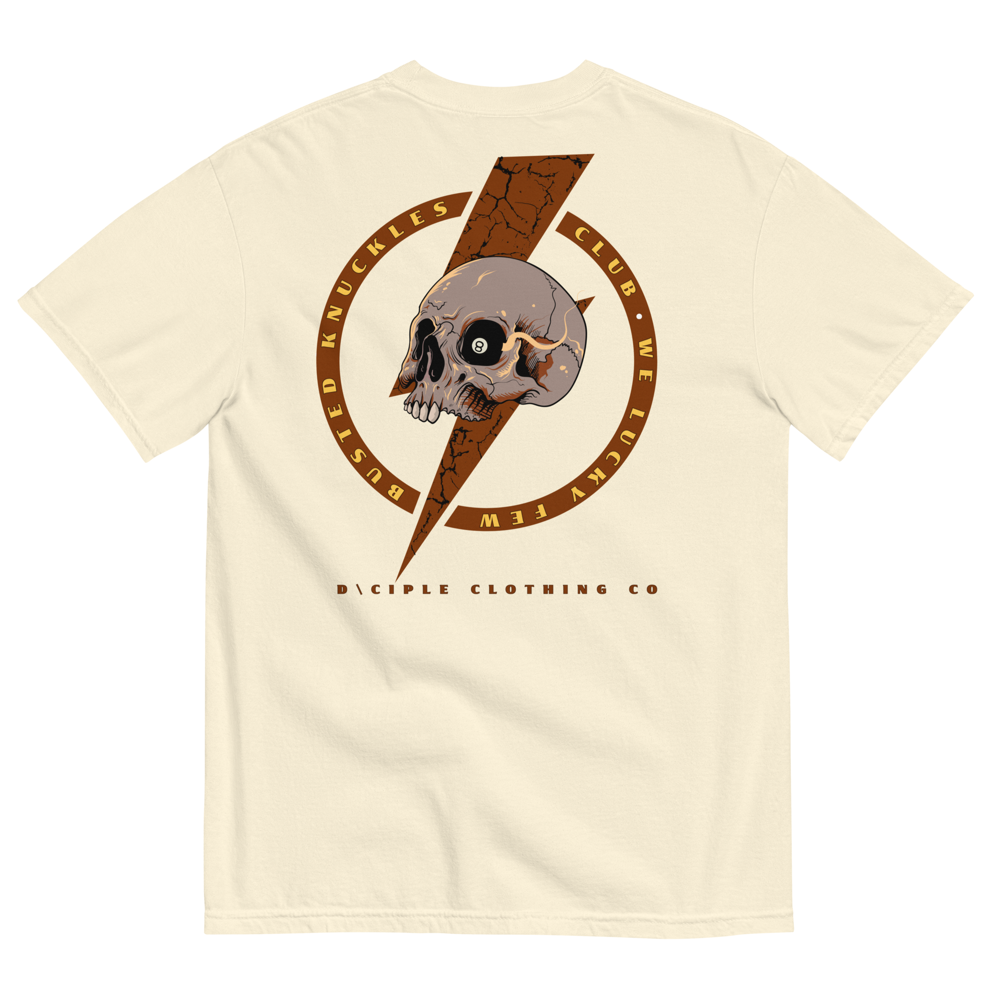 Busted Knuckles Club skull and lightning bolt graphic t-shirt by Dciple Clothing Co on bone color shirt