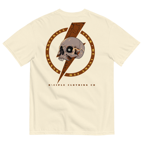 Busted Knuckles Club skull and lightning bolt graphic t-shirt by Dciple Clothing Co on bone color shirt