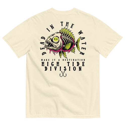 Dead In The Water High Tide Division graphic T-shirt by Dciple Clothing Co featuring skeleton fish artwork and Make It A Destination slogan.