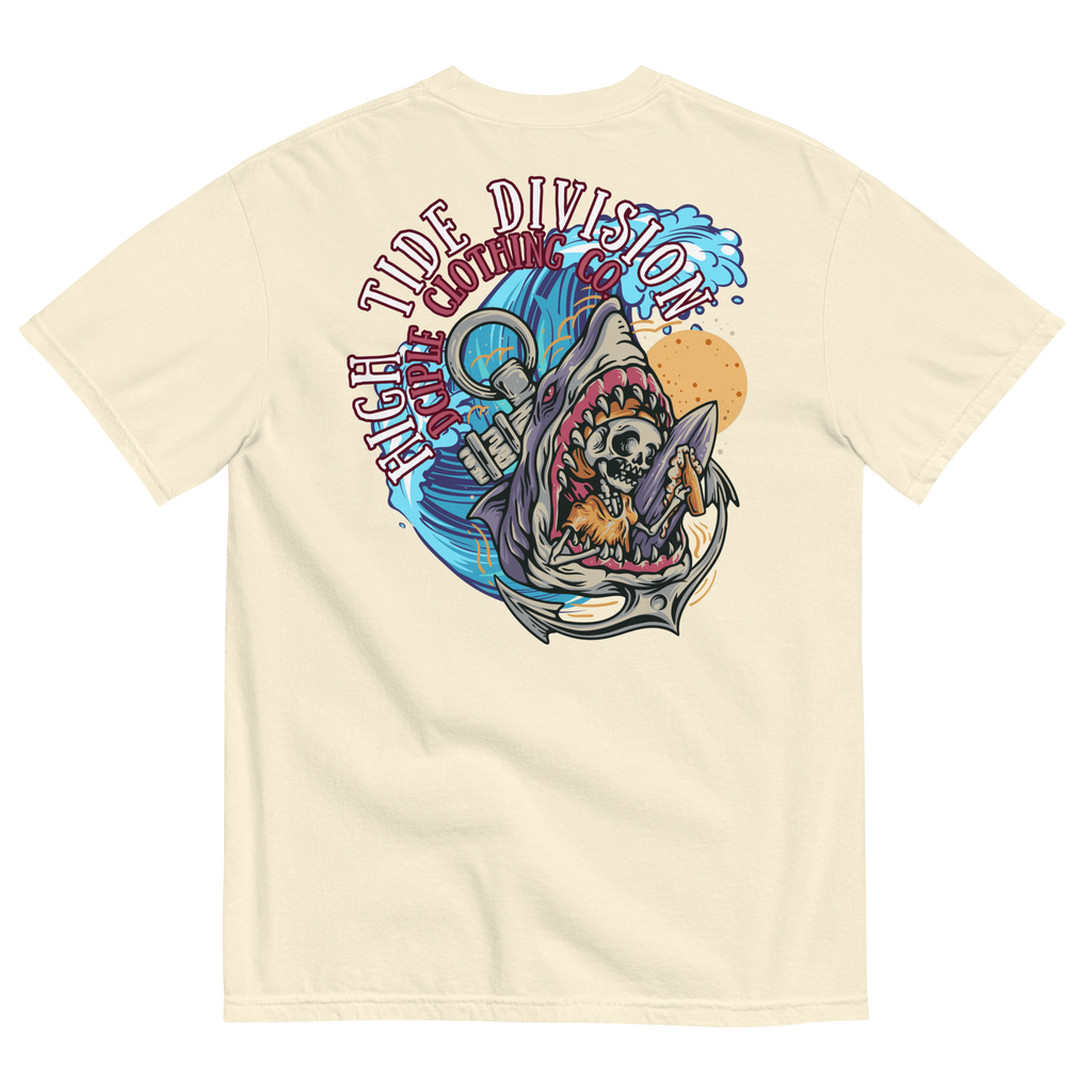 High Tide Division Shark Rider graphic T-shirt with shark, surfer, wave and hook artwork