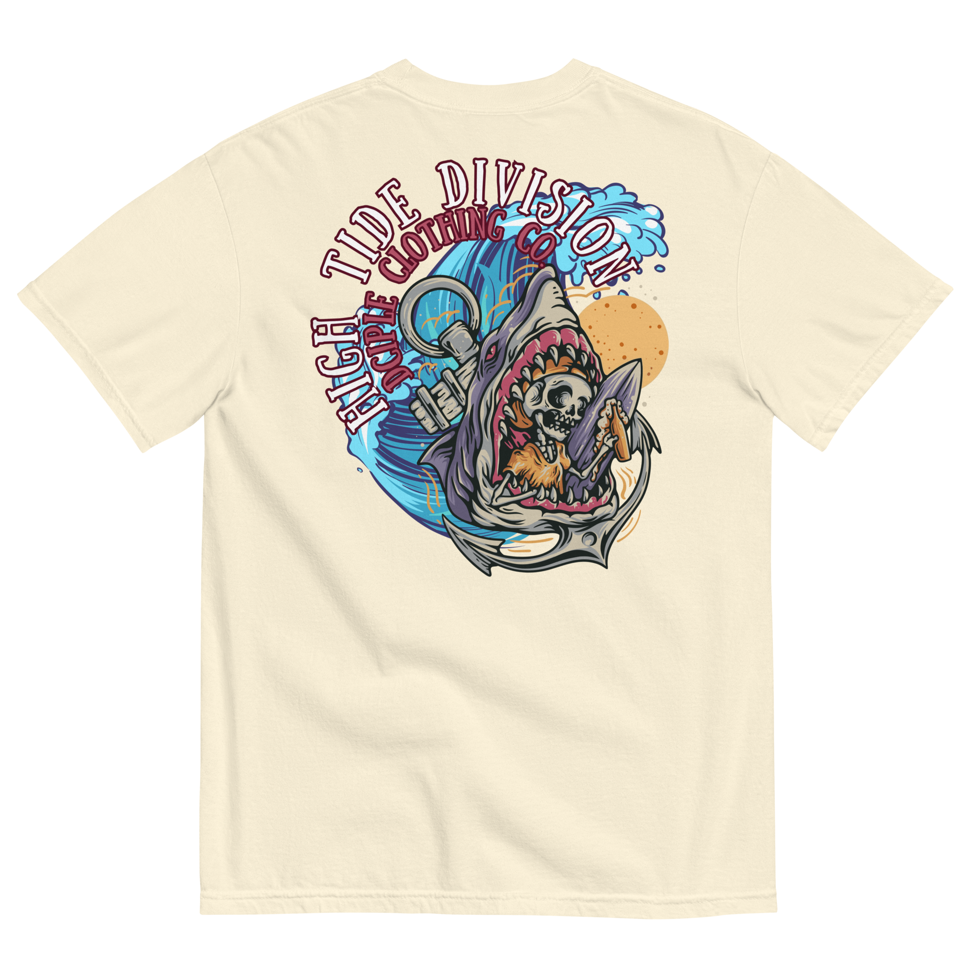 High Tide Division Shark Rider graphic T-shirt with shark, surfer, wave and hook artwork