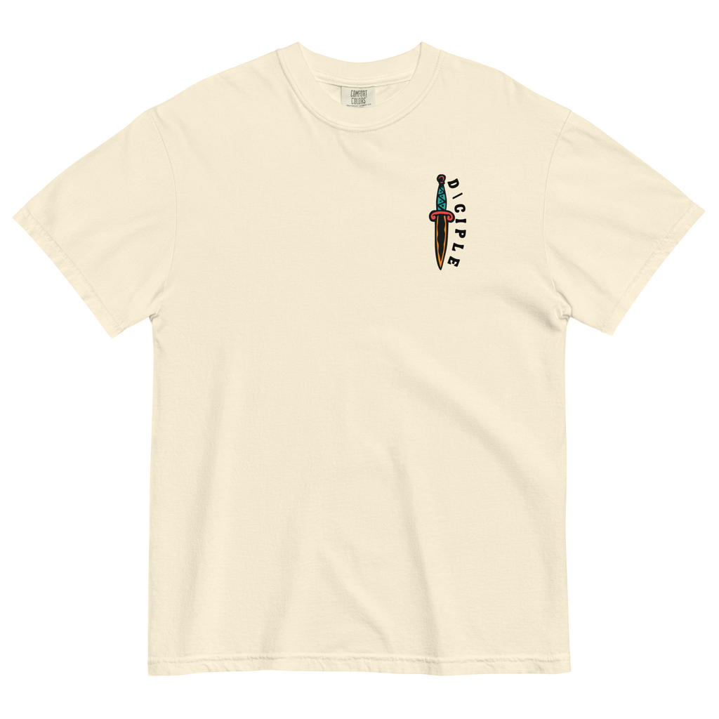 Vintage style skull and snake graphic with flames and dagger details, “Through Fear and Flame Unbroken” t-shirt by Dciple Clothing Co