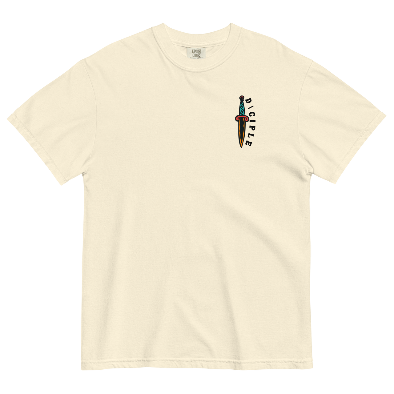 Vintage style skull and snake graphic with flames and dagger details, “Through Fear and Flame Unbroken” t-shirt by Dciple Clothing Co