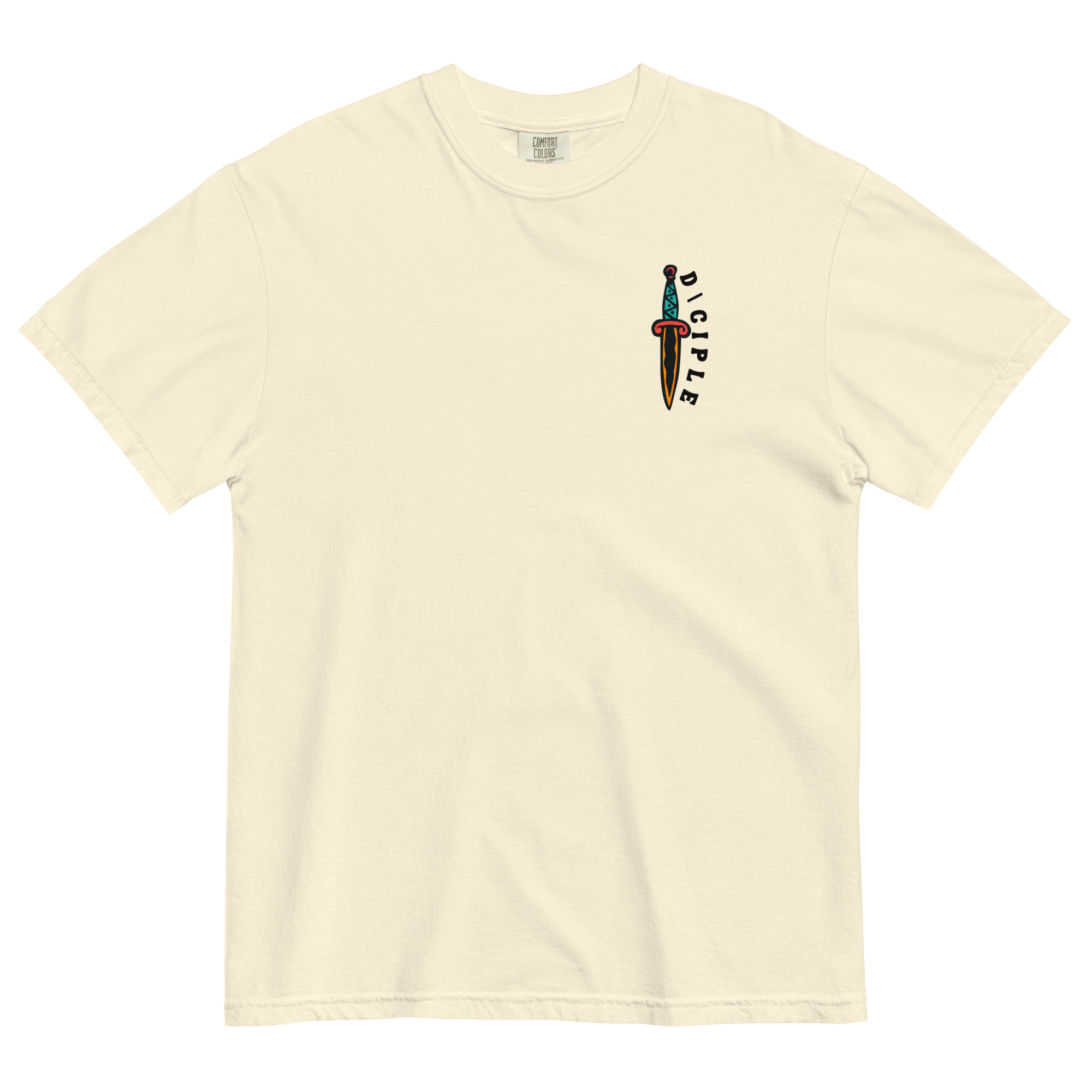 Vintage style skull and snake graphic with flames and dagger details, “Through Fear and Flame Unbroken” t-shirt by Dciple Clothing Co