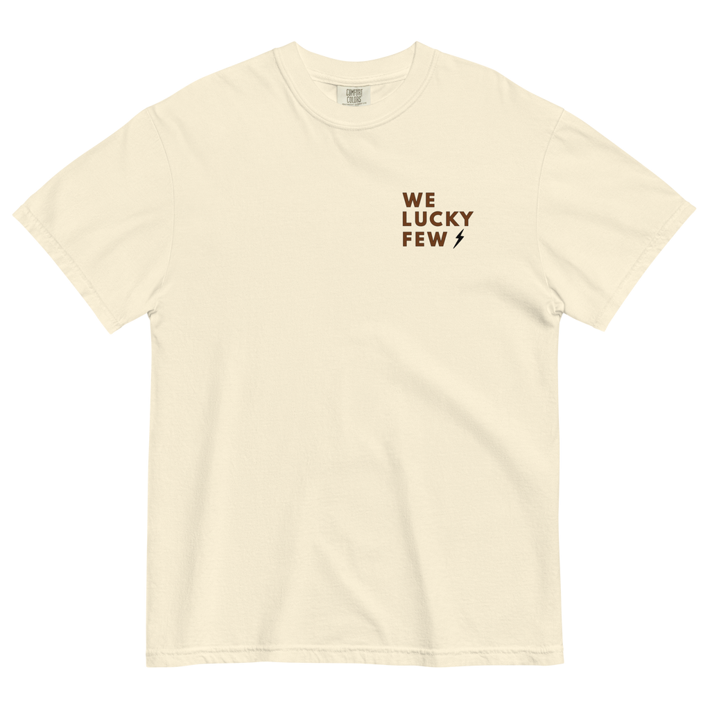 We lucky few text on left chest bone shirt