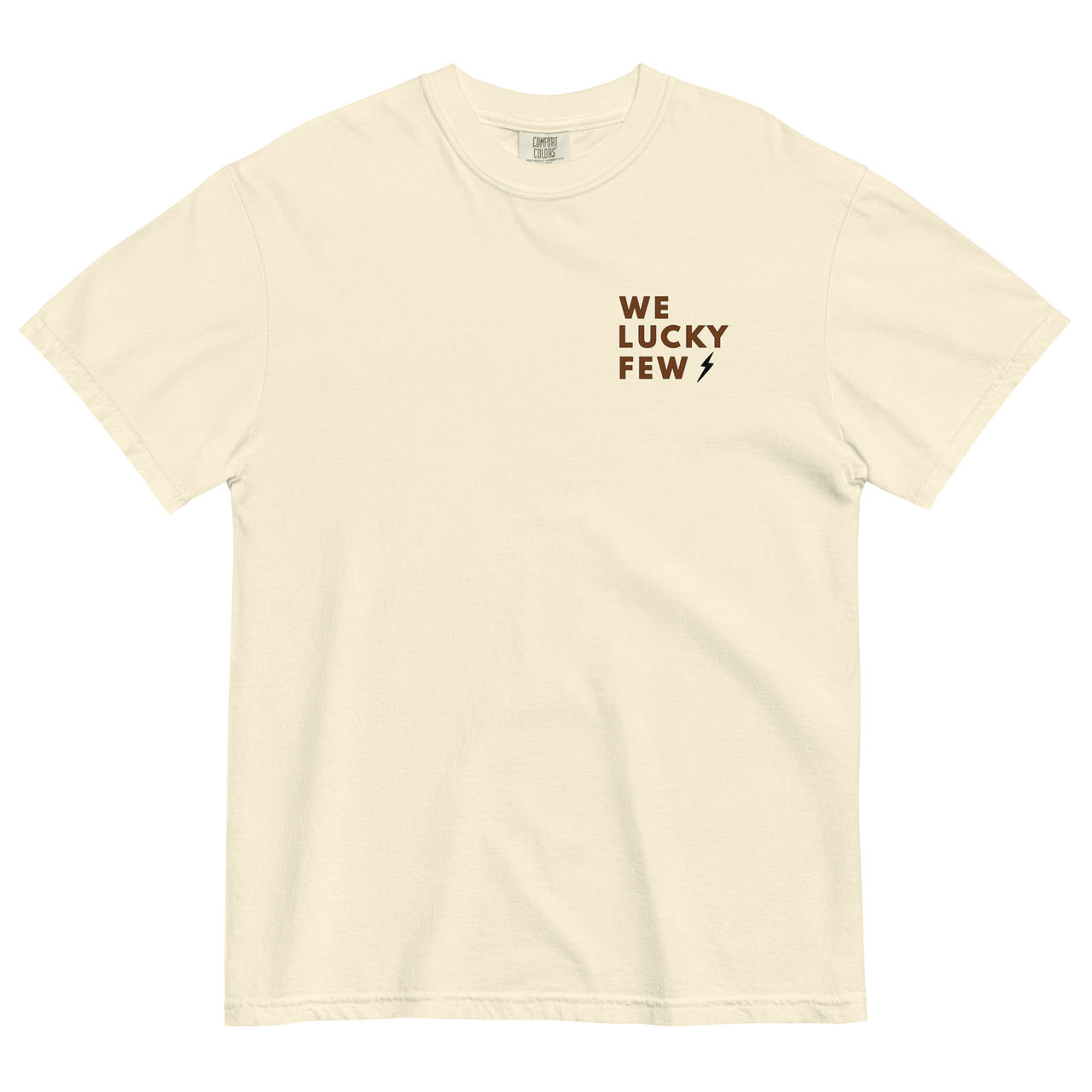 We lucky few text on left chest bone shirt