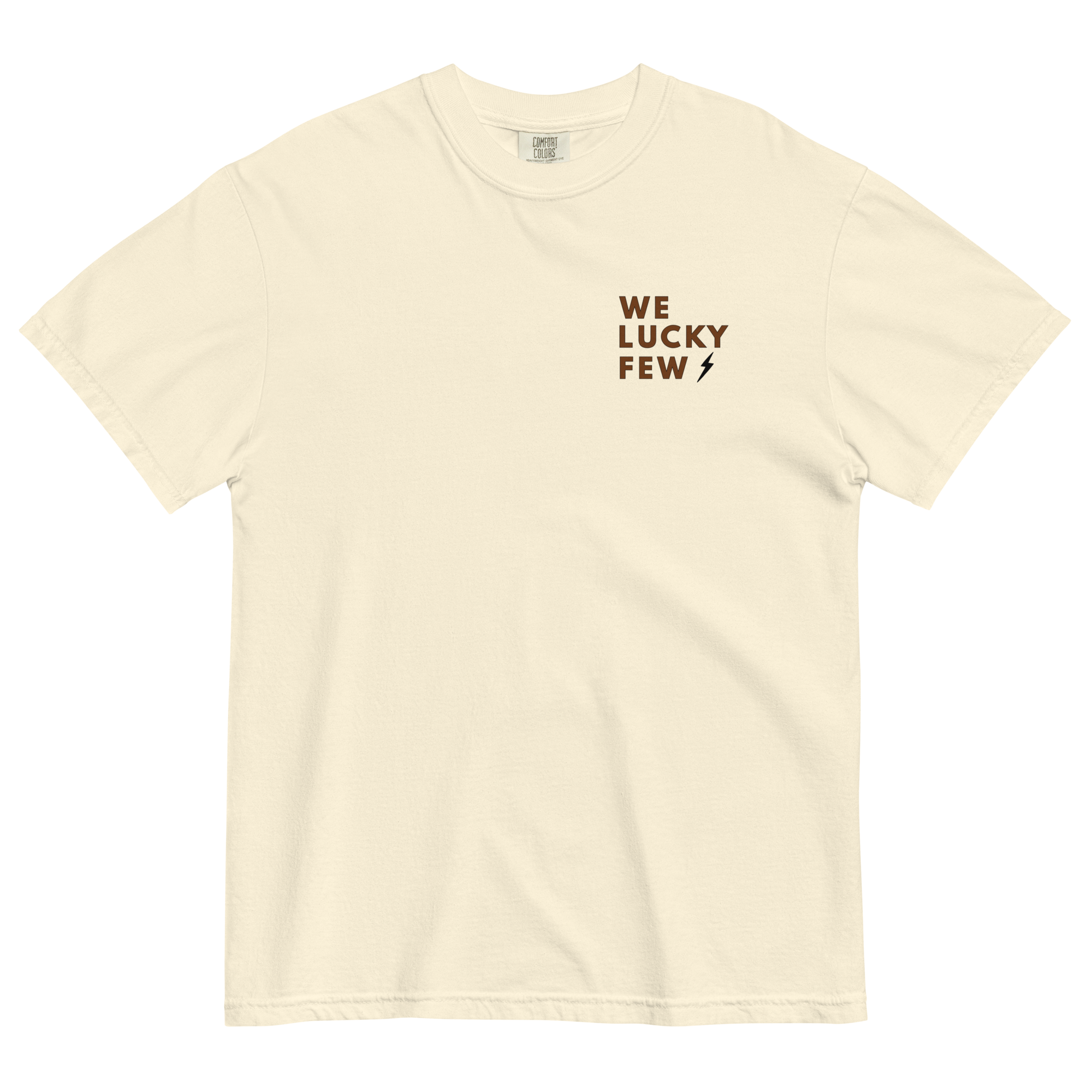 We lucky few text on left chest bone shirt
