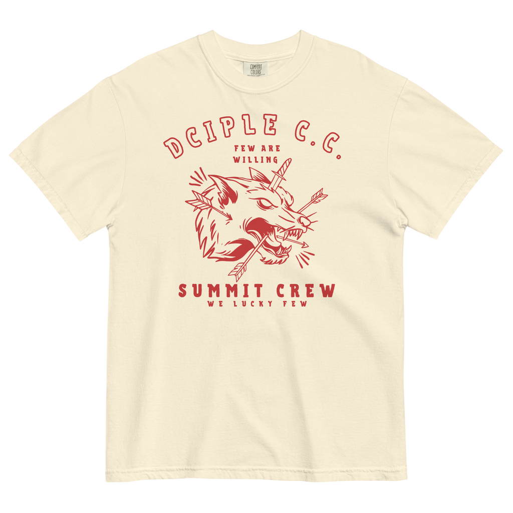 Summit Crew wolf graphic T-Shirt with vintage red print on ivory shirt by Dciple Clothing Co