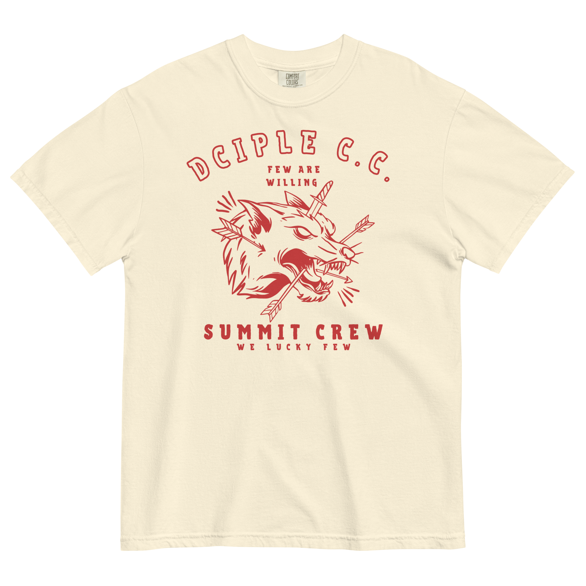 Summit Crew wolf graphic T-Shirt with vintage red print on ivory shirt by Dciple Clothing Co