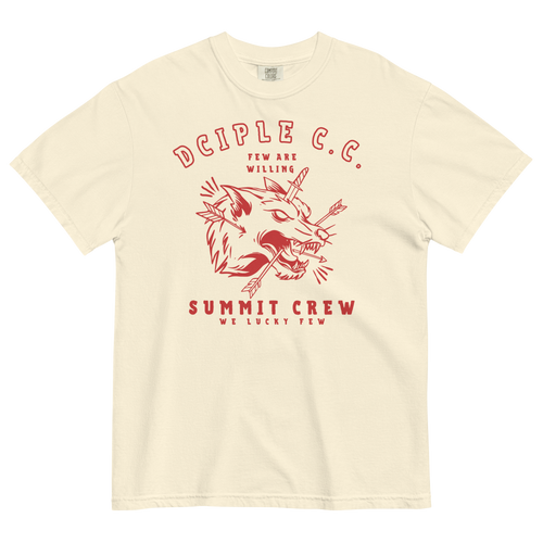 Summit Crew wolf graphic T-Shirt with vintage red print on ivory shirt by Dciple Clothing Co