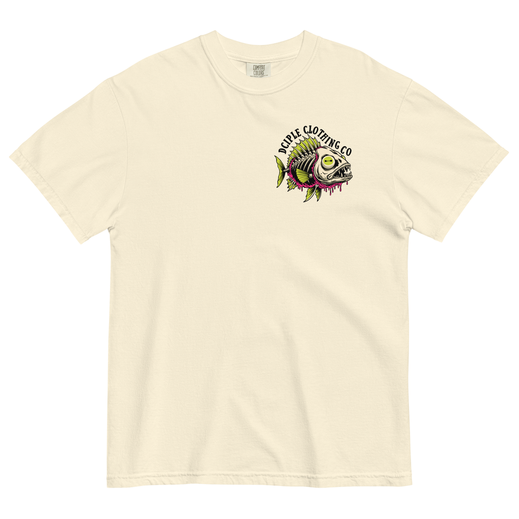 Dead In The Water High Tide Division graphic T-shirt by Dciple Clothing Co featuring skeleton fish artwork and Make It A Destination slogan.
