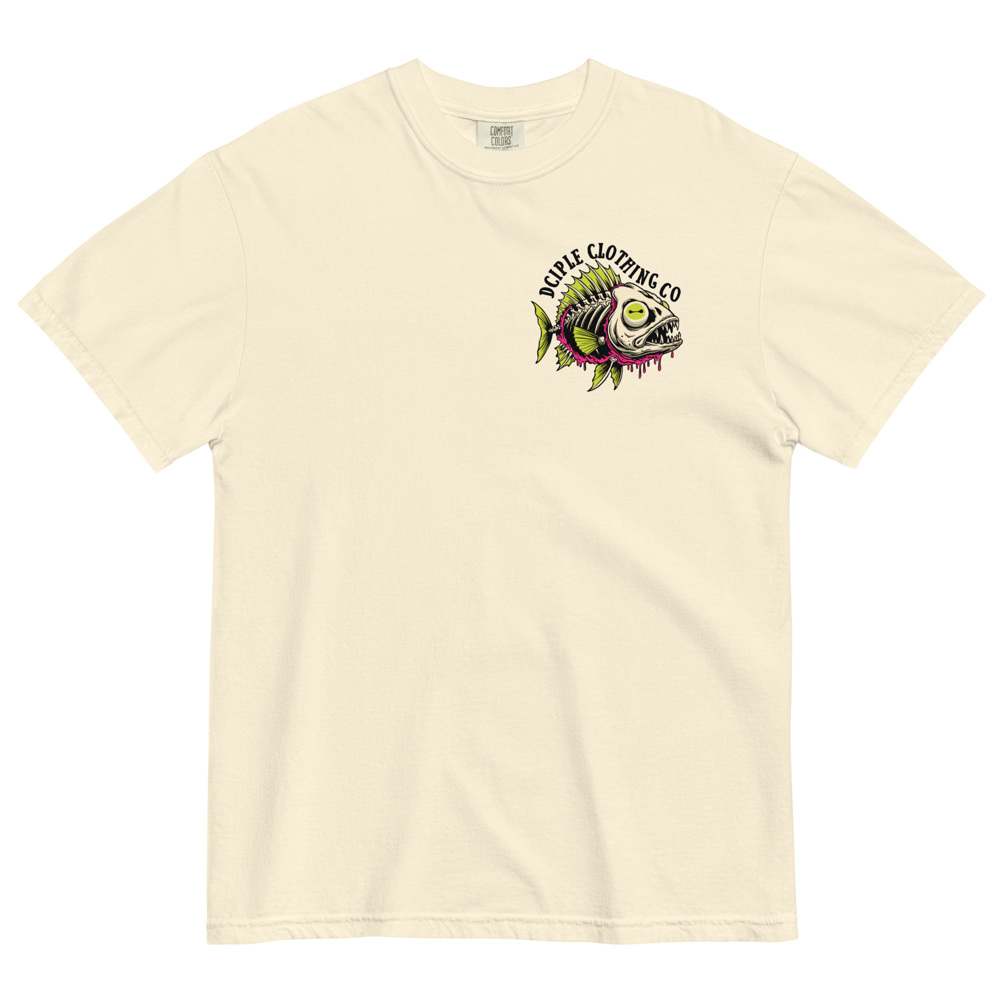 Dead In The Water High Tide Division graphic T-shirt by Dciple Clothing Co featuring skeleton fish artwork and Make It A Destination slogan.