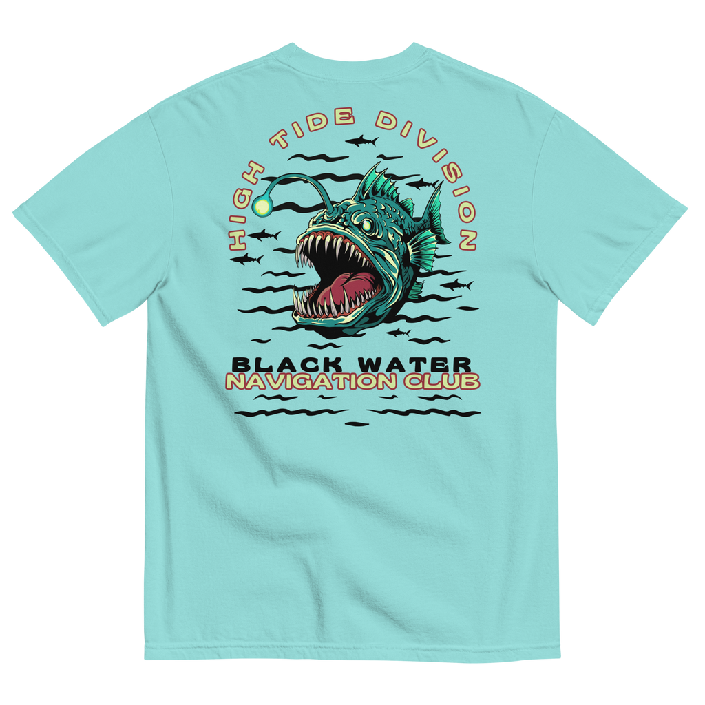 Black Water Navigation Club High Tide Division angler fish graphic t-shirt by Dciple Clothing Co featuring hidden shark silhouettes and a premium Comfort Colors garment-dyed design.