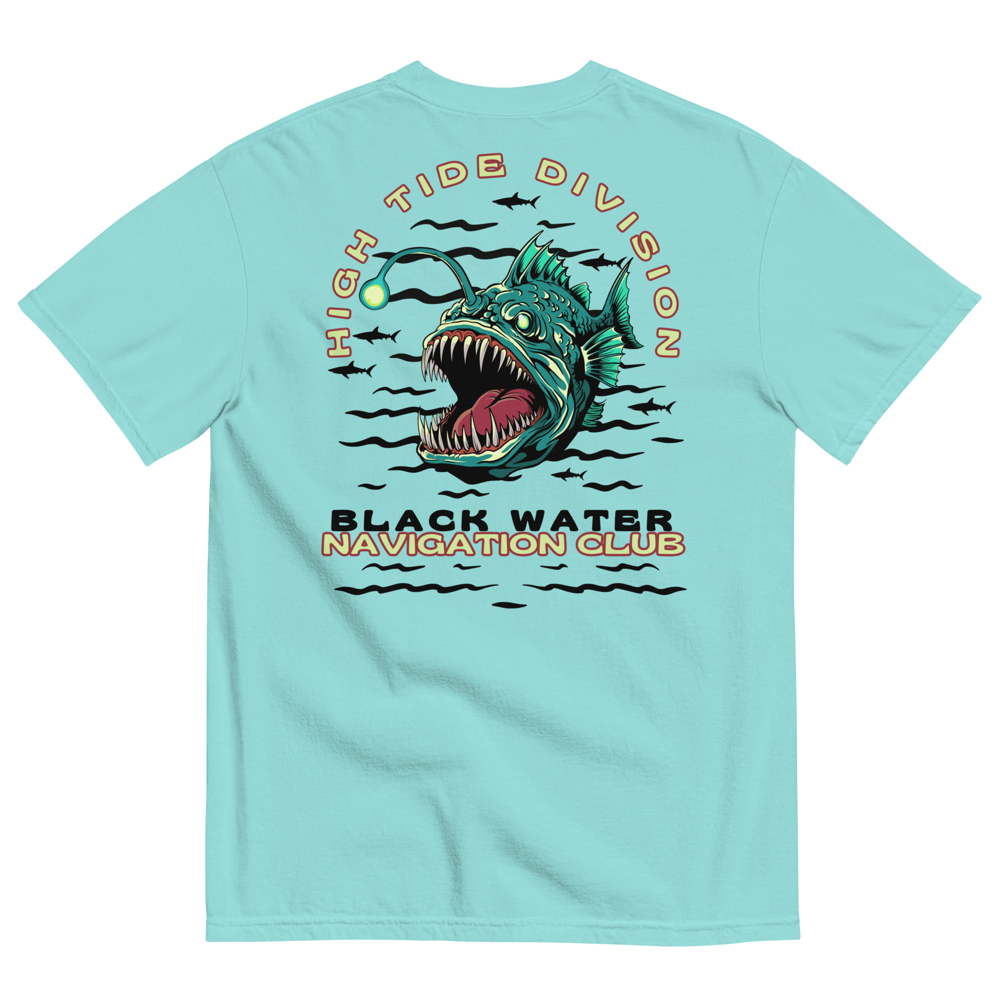 Black Water Navigation Club High Tide Division angler fish graphic t-shirt by Dciple Clothing Co featuring hidden shark silhouettes and a premium Comfort Colors garment-dyed design.