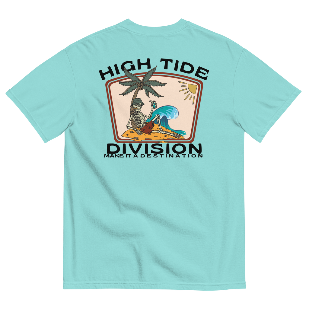 Back graphic of High Tide Division Make It A Destination T-Shirt featuring a skeleton relaxing beneath a palm tree beside an ocean wave.

Front chest logo of High Tide Division Make It A Destination T-Shirt featuring the Dciple C.C. fish emblem.