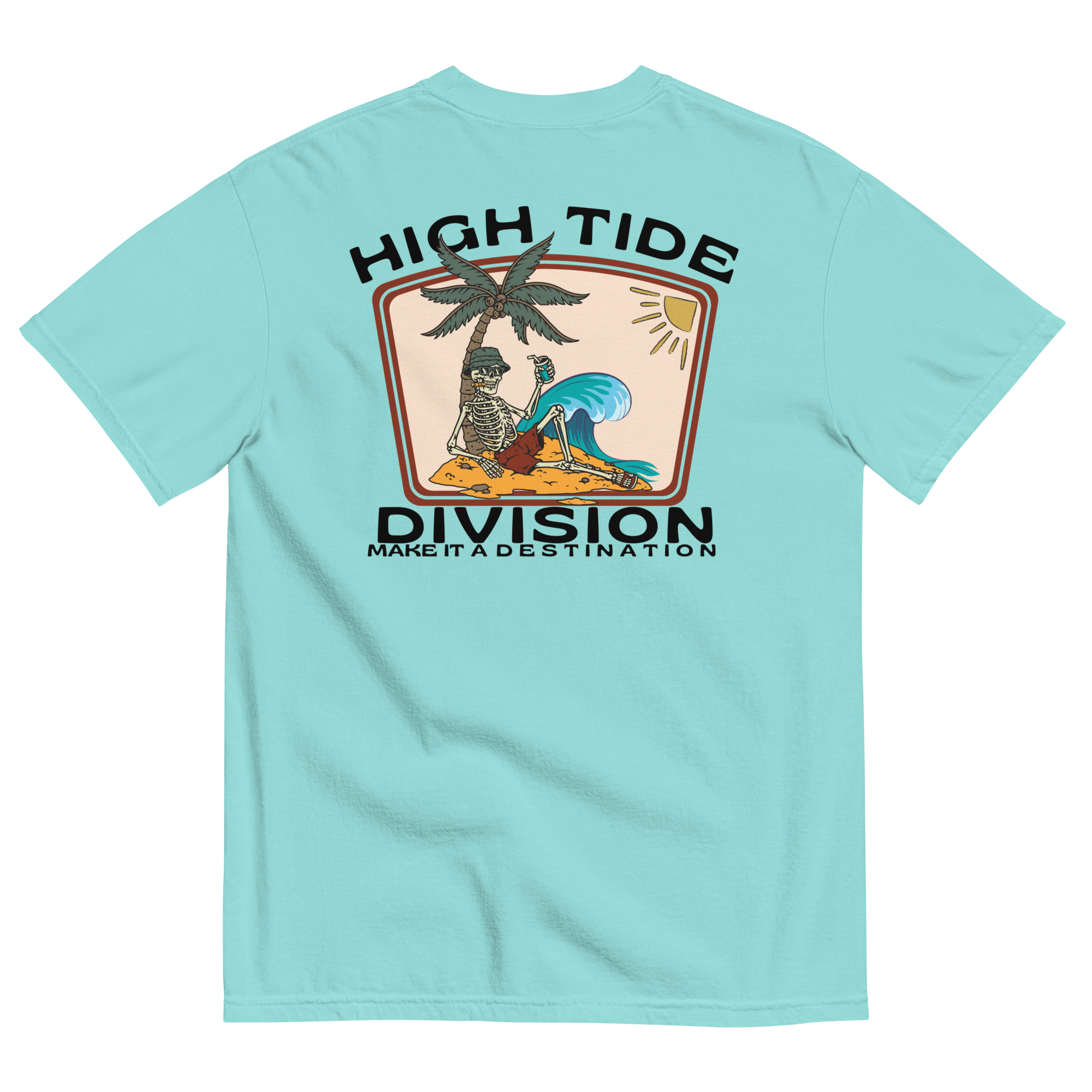 Back graphic of High Tide Division Make It A Destination T-Shirt featuring a skeleton relaxing beneath a palm tree beside an ocean wave.

Front chest logo of High Tide Division Make It A Destination T-Shirt featuring the Dciple C.C. fish emblem.