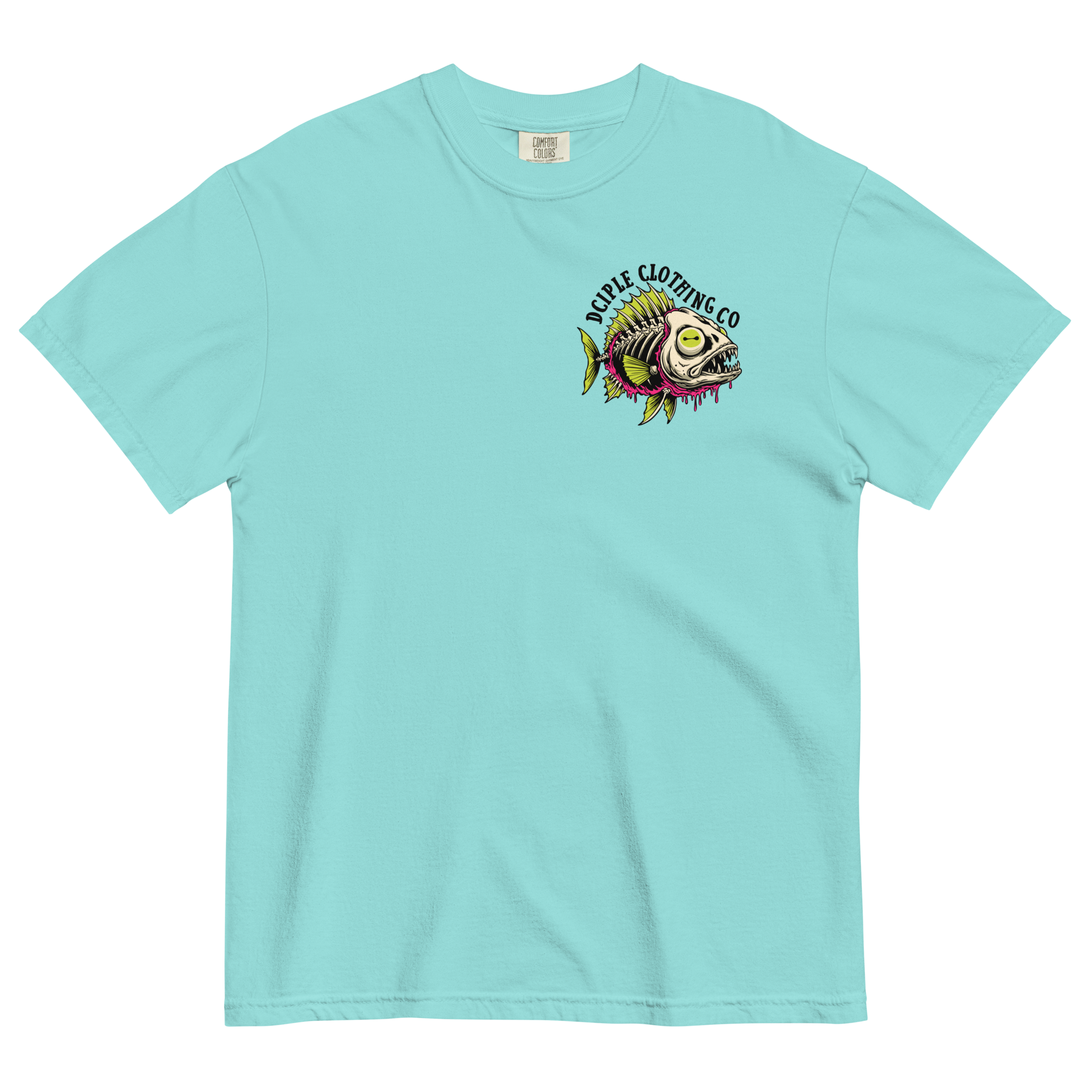Dead In The Water High Tide Division graphic T-shirt by Dciple Clothing Co featuring skeleton fish artwork and Make It A Destination slogan.