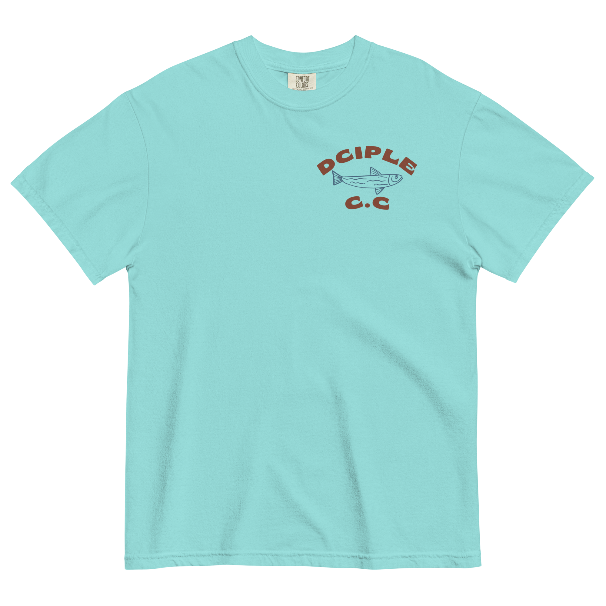 Back graphic of High Tide Division Make It A Destination T-Shirt featuring a skeleton relaxing beneath a palm tree beside an ocean wave.

Front chest logo of High Tide Division Make It A Destination T-Shirt featuring the Dciple C.C. fish emblem.