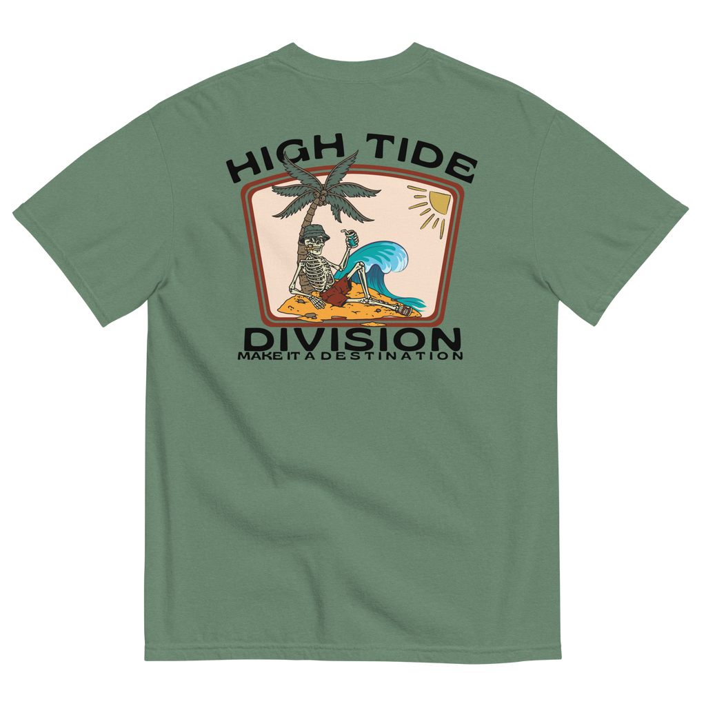 Back graphic of High Tide Division Make It A Destination T-Shirt featuring a skeleton relaxing beneath a palm tree beside an ocean wave.

Front chest logo of High Tide Division Make It A Destination T-Shirt featuring the Dciple C.C. fish emblem.