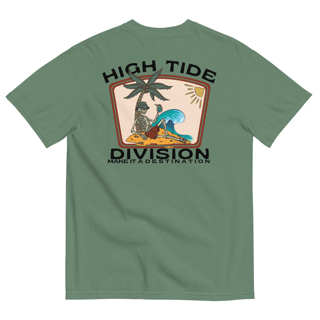 Back graphic of High Tide Division Make It A Destination T-Shirt featuring a skeleton relaxing beneath a palm tree beside an ocean wave.

Front chest logo of High Tide Division Make It A Destination T-Shirt featuring the Dciple C.C. fish emblem.