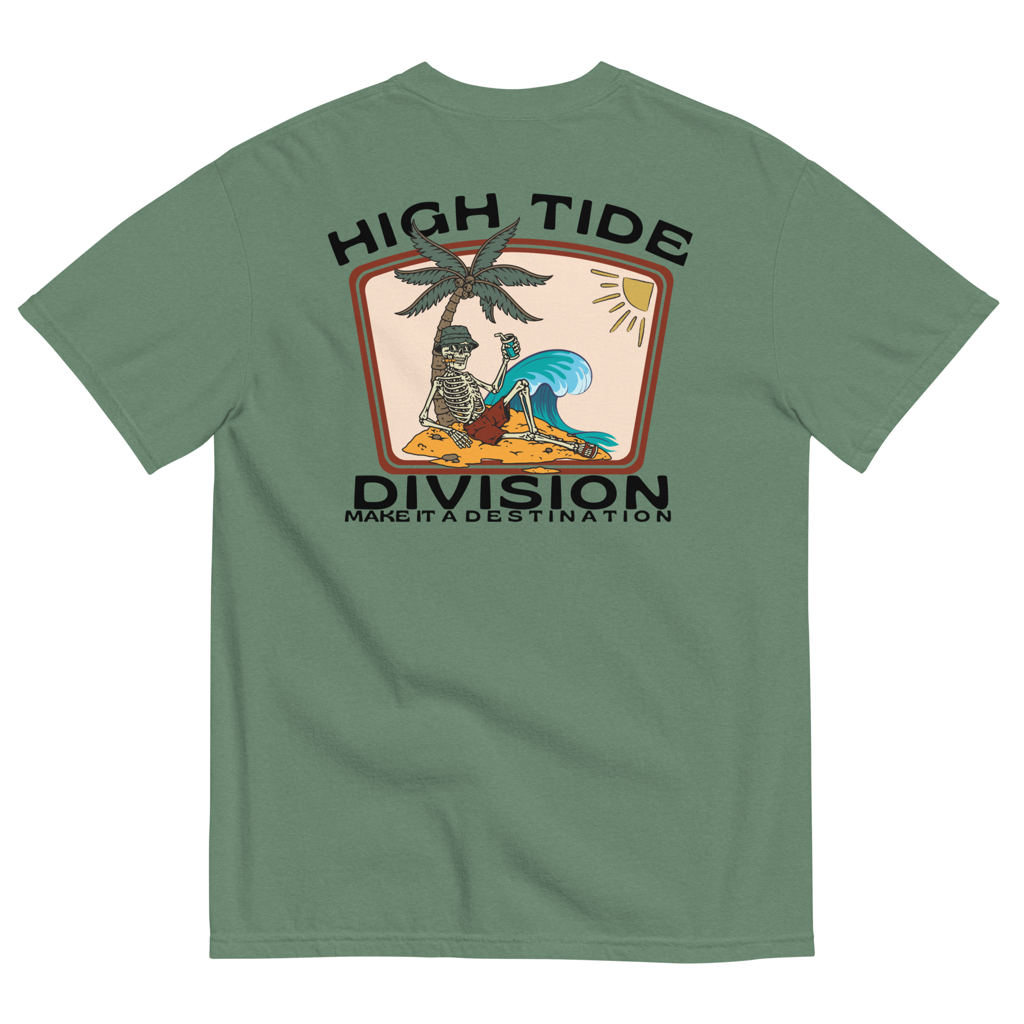 Back graphic of High Tide Division Make It A Destination T-Shirt featuring a skeleton relaxing beneath a palm tree beside an ocean wave.

Front chest logo of High Tide Division Make It A Destination T-Shirt featuring the Dciple C.C. fish emblem.
