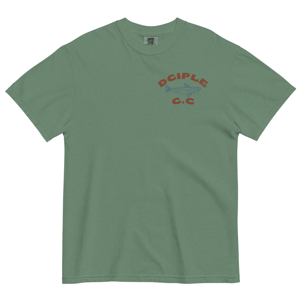 Back graphic of High Tide Division Make It A Destination T-Shirt featuring a skeleton relaxing beneath a palm tree beside an ocean wave.

Front chest logo of High Tide Division Make It A Destination T-Shirt featuring the Dciple C.C. fish emblem.